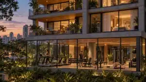 Ilustração conceitual gerada com IA de um edifício residencial de alto padrão, com pessoas usando a academia envidraçada e apartamentos com dormitórios nos pavimentos superiores.